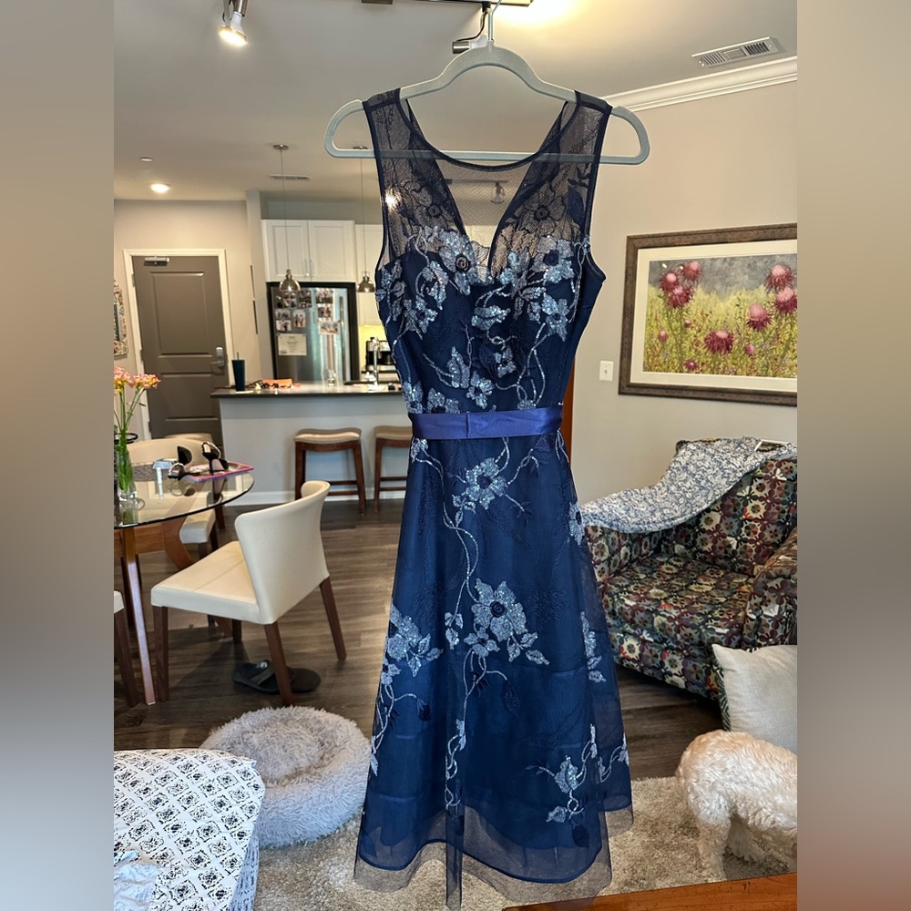 Teri Jon navy sequin floral cocktail dress. Worn once!